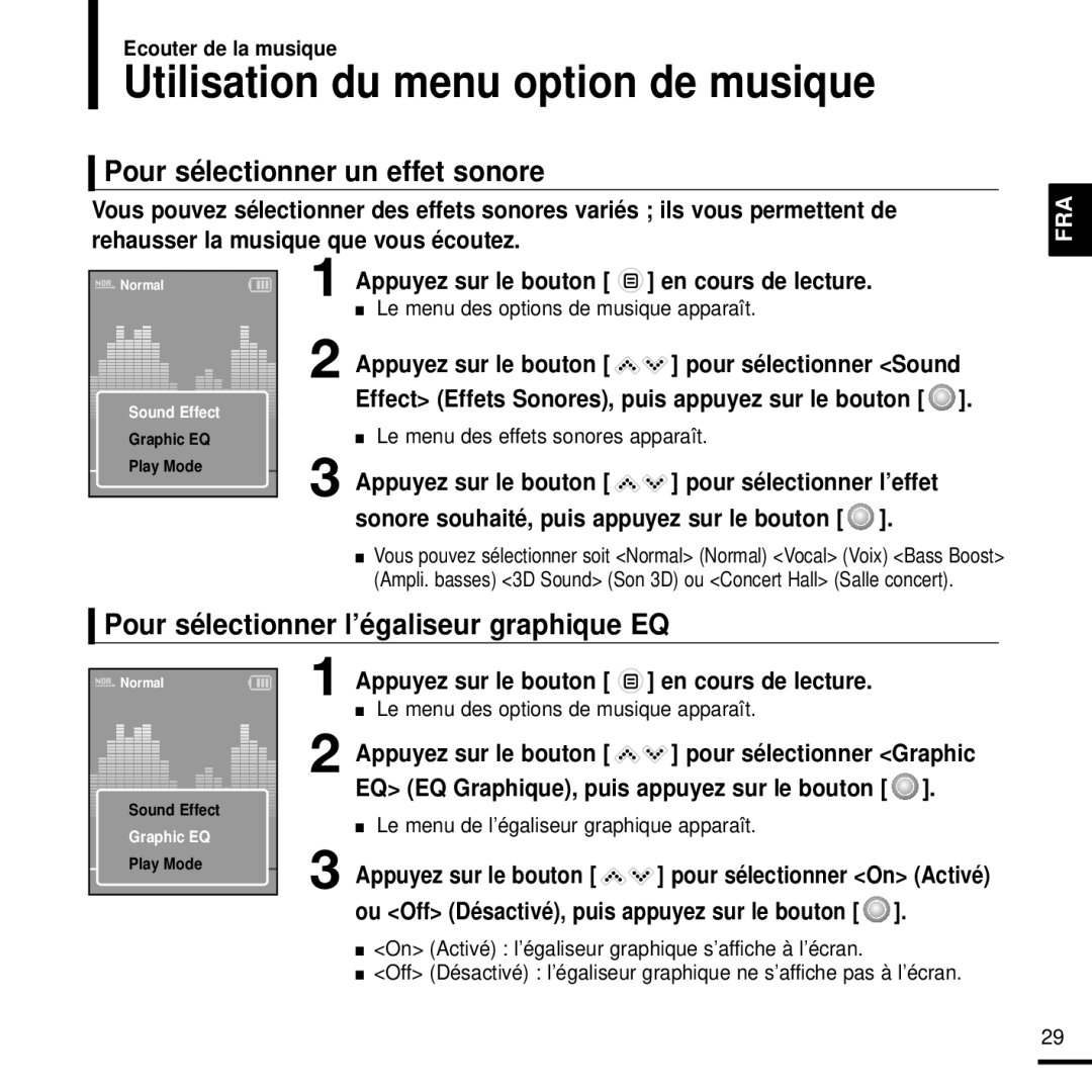 Samsung YP-K3JZB/XEF, YP-K3JAB/XEF, YP-K3JQB/XEF Utilisation du menu option de musique, Pour sélectionner un effet sonore 