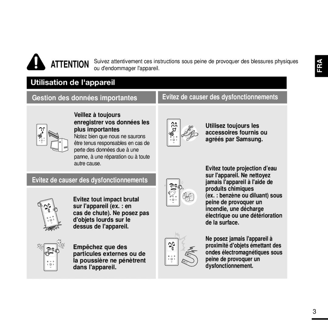 Samsung YP-K3JQR/XEF, YP-K3JAB/XEF, YP-K3JZB/XEF, YP-K3JQB/XEF manual Gestion des données importantes 