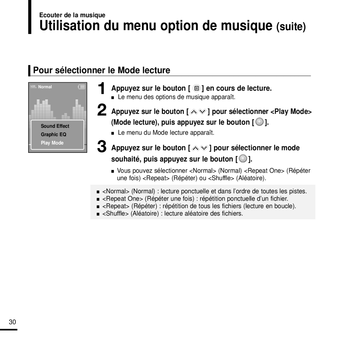 Samsung YP-K3JQB/XEF, YP-K3JAB/XEF, YP-K3JZB/XEF manual Pour sélectionner le Mode lecture, Le menu du Mode lecture apparaît 