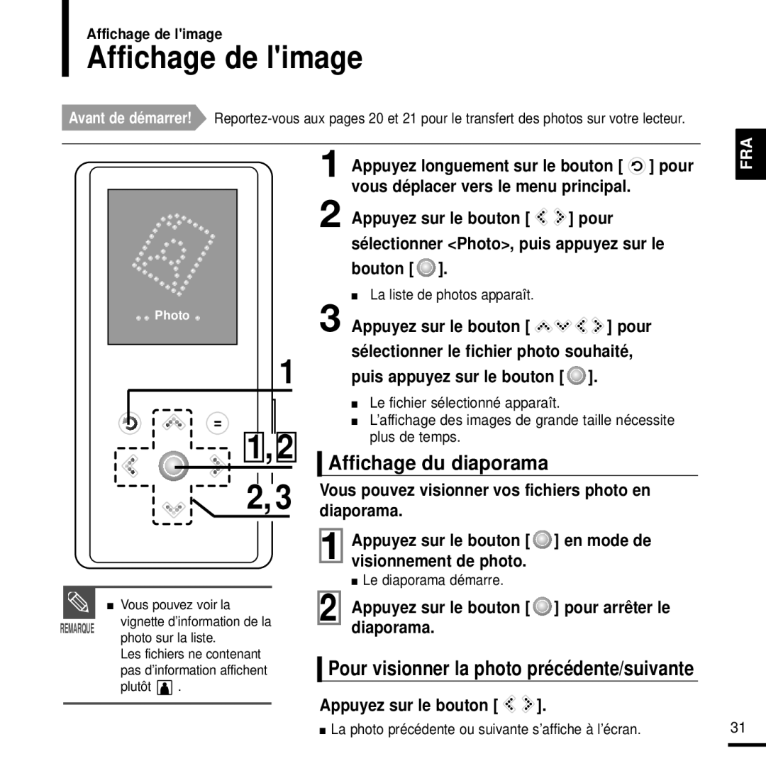 Samsung YP-K3JQR/XEF manual Affichage de limage, Affichage du diaporama, La liste de photos apparaît, Le diaporama démarre 