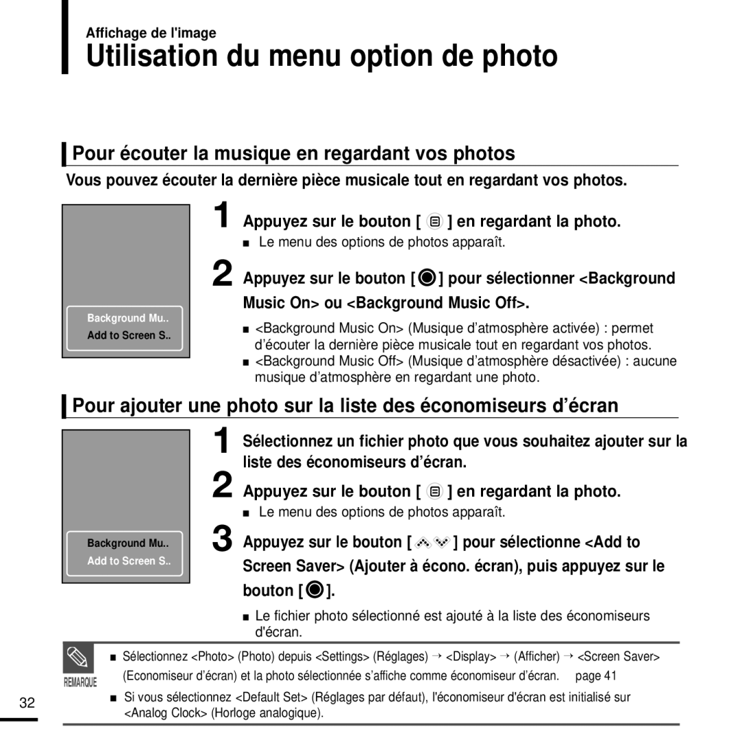 Samsung YP-K3JAB/XEF, YP-K3JZB/XEF Utilisation du menu option de photo, Pour écouter la musique en regardant vos photos 