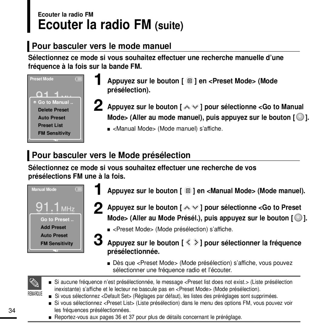 Samsung YP-K3JQB/XEF Ecouter la radio FM suite, Pour basculer vers le mode manuel, Pour basculer vers le Mode présélection 