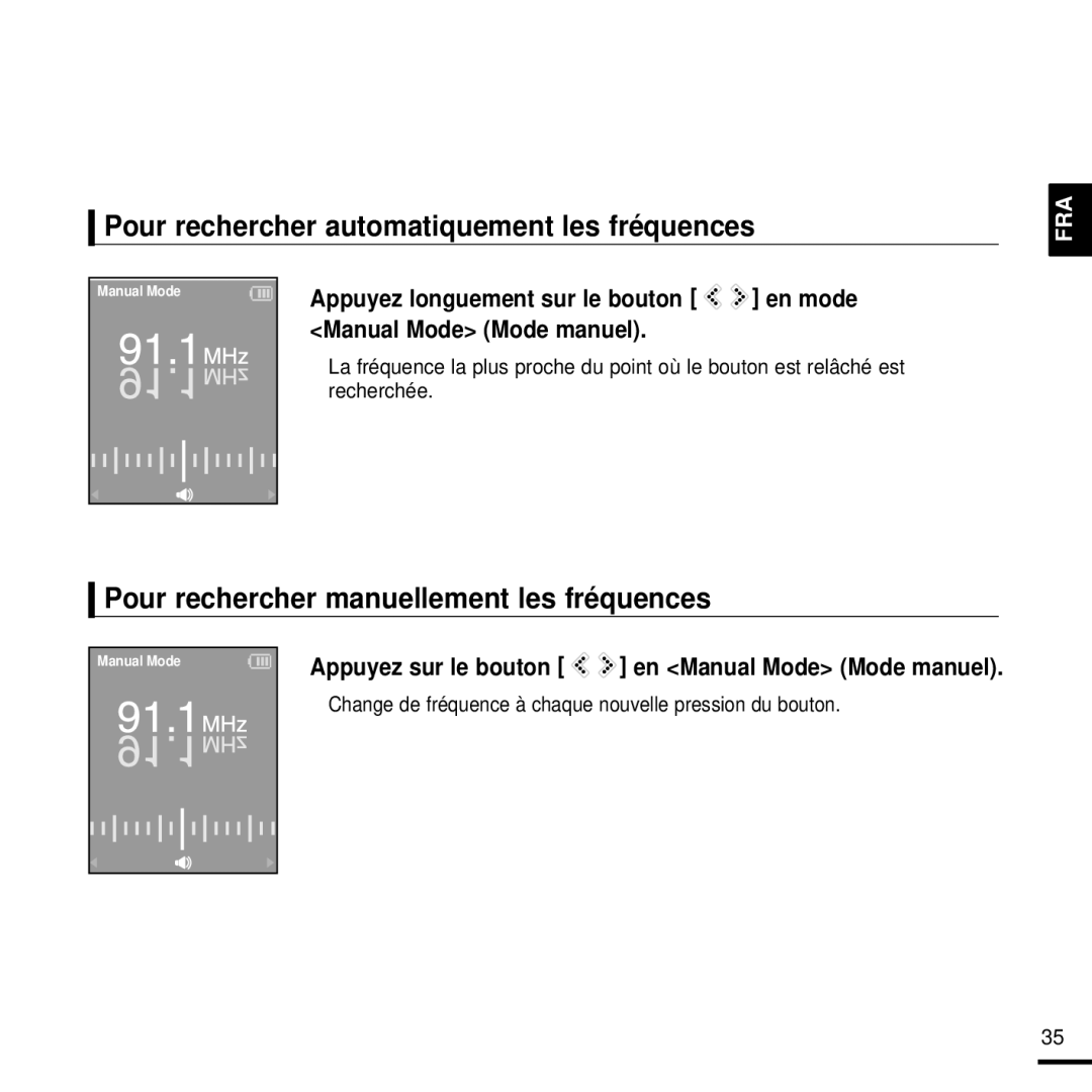 Samsung YP-K3JQR/XEF manual Pour rechercher automatiquement les fréquences, Pour rechercher manuellement les fréquences 