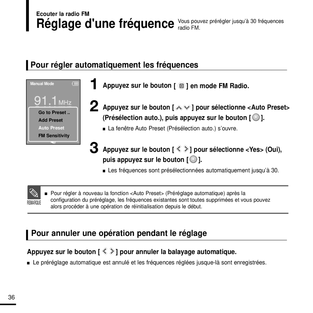 Samsung YP-K3JAB/XEF manual Pour régler automatiquement les fréquences, Pour annuler une opération pendant le réglage 