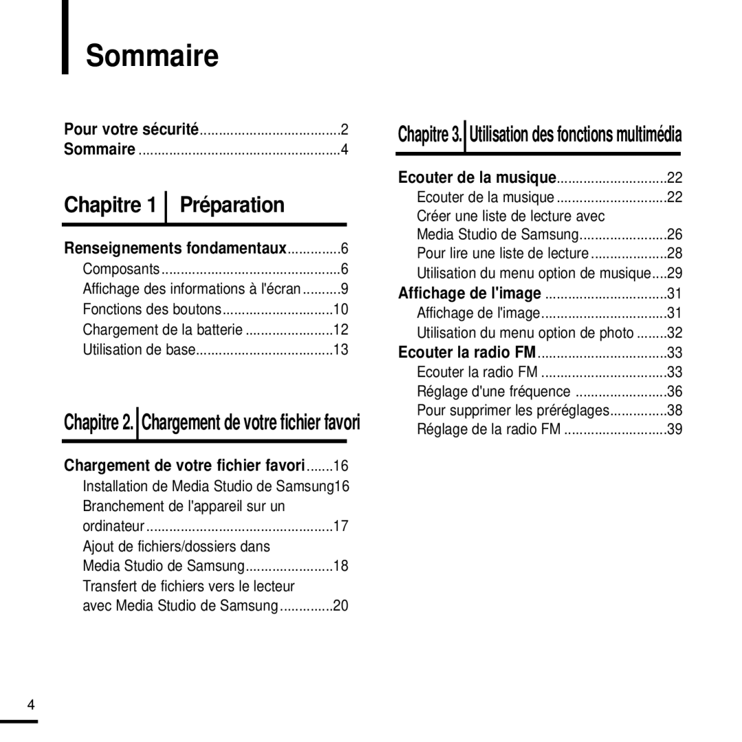 Samsung YP-K3JAB/XEF, YP-K3JZB/XEF, YP-K3JQB/XEF Sommaire, Branchement de lappareil sur un, Ajout de fichiers/dossiers dans 