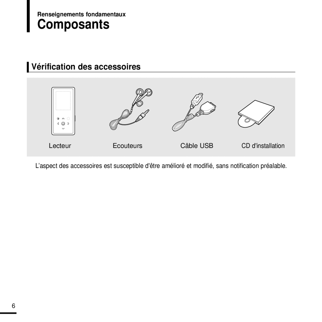 Samsung YP-K3JQB/XEF, YP-K3JAB/XEF, YP-K3JZB/XEF, YP-K3JQR/XEF manual Composants, Vérification des accessoires 