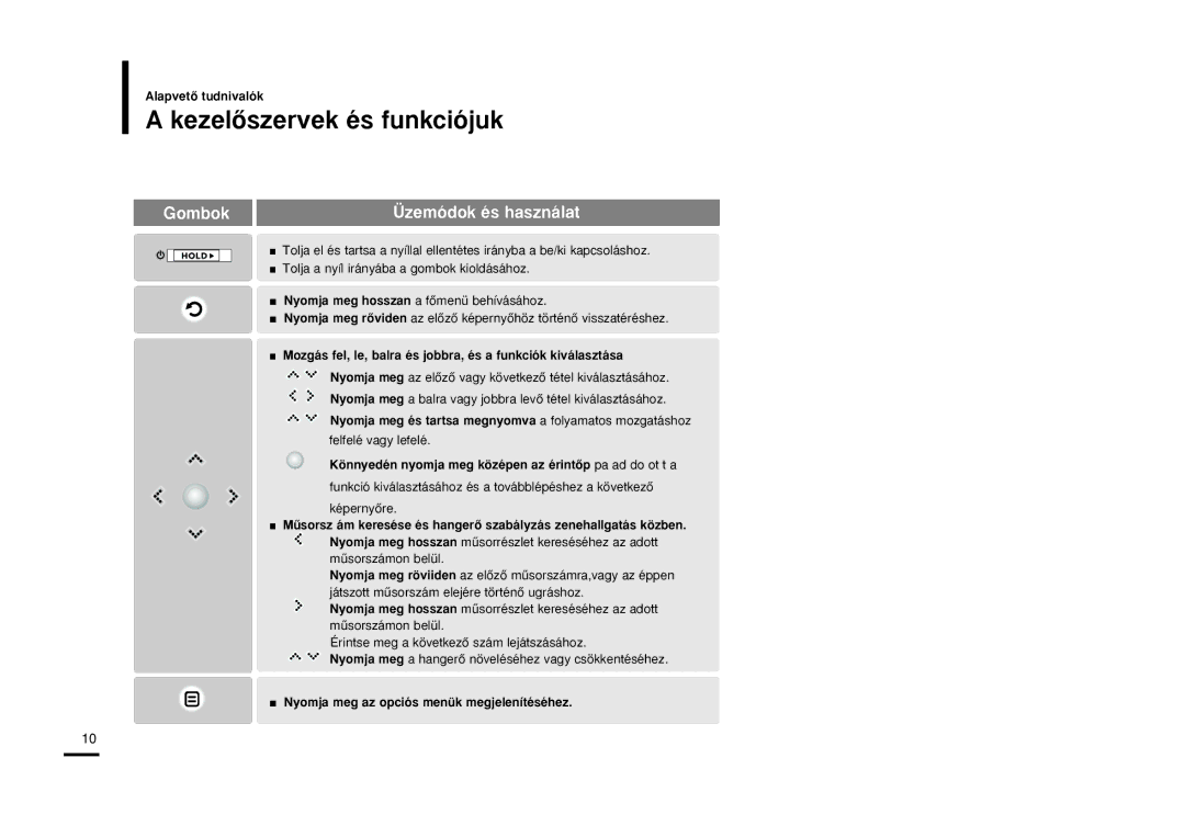 Samsung YP-K3JQR/XEO manual KezelŒszervek és funkciójuk, Mozgás fel, le, balra és jobbra, és a funkciók kiválasztása 