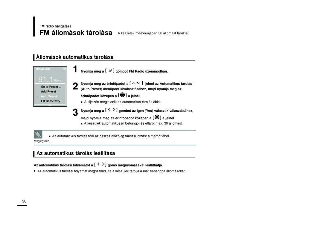 Samsung YP-K3JQB/XEO, YP-K3JQB/XET, YP-K3JAB/XET manual Állomások automatikus tárolása, Az automatikus tárolás leállítása 