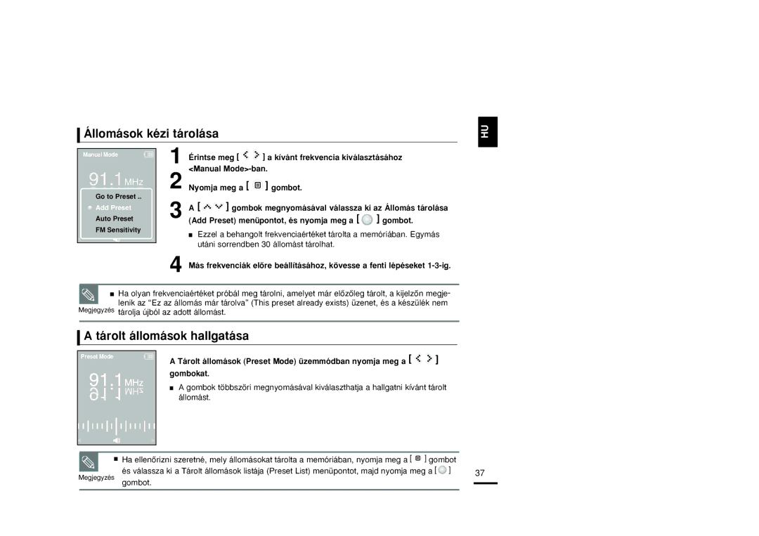 Samsung YP-K3JQR/XET, YP-K3JQB/XET, YP-K3JAB/XET, YP-K3JZB/XET manual Állomások kézi tárolása, Tárolt állomások hallgatása 