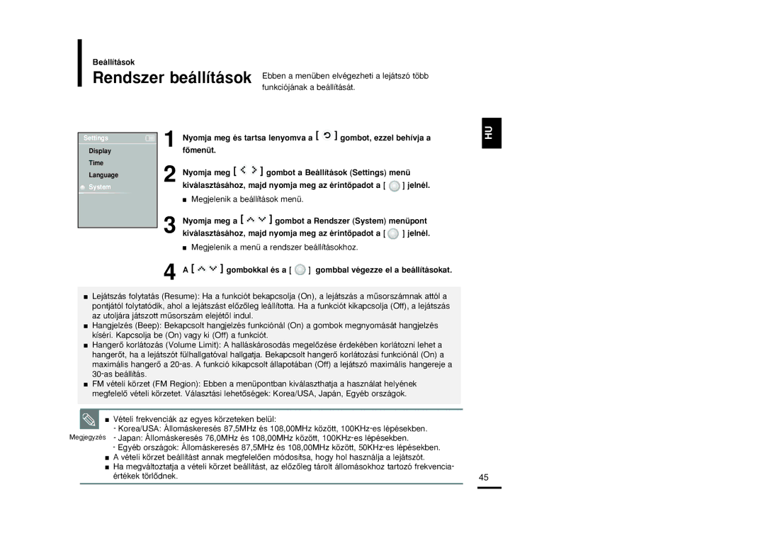 Samsung YP-K3JQB/XET, YP-K3JAB/XET, YP-K3JZB/XET manual Rendszer beállítások, Ebben a menüben elvégezheti a lejátszó több 