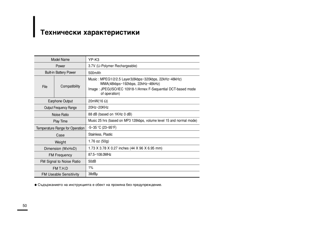 Samsung YP-K3JZB/XET, YP-K3JQB/XET, YP-K3JAB/XET, YP-K3JZB/XEO, YP-K3JAB/XEO, YP-K3JQB/XEO manual ÂıÌË˜ÂÒÍË ı‡‡ÍÚÂËÒÚËÍË 