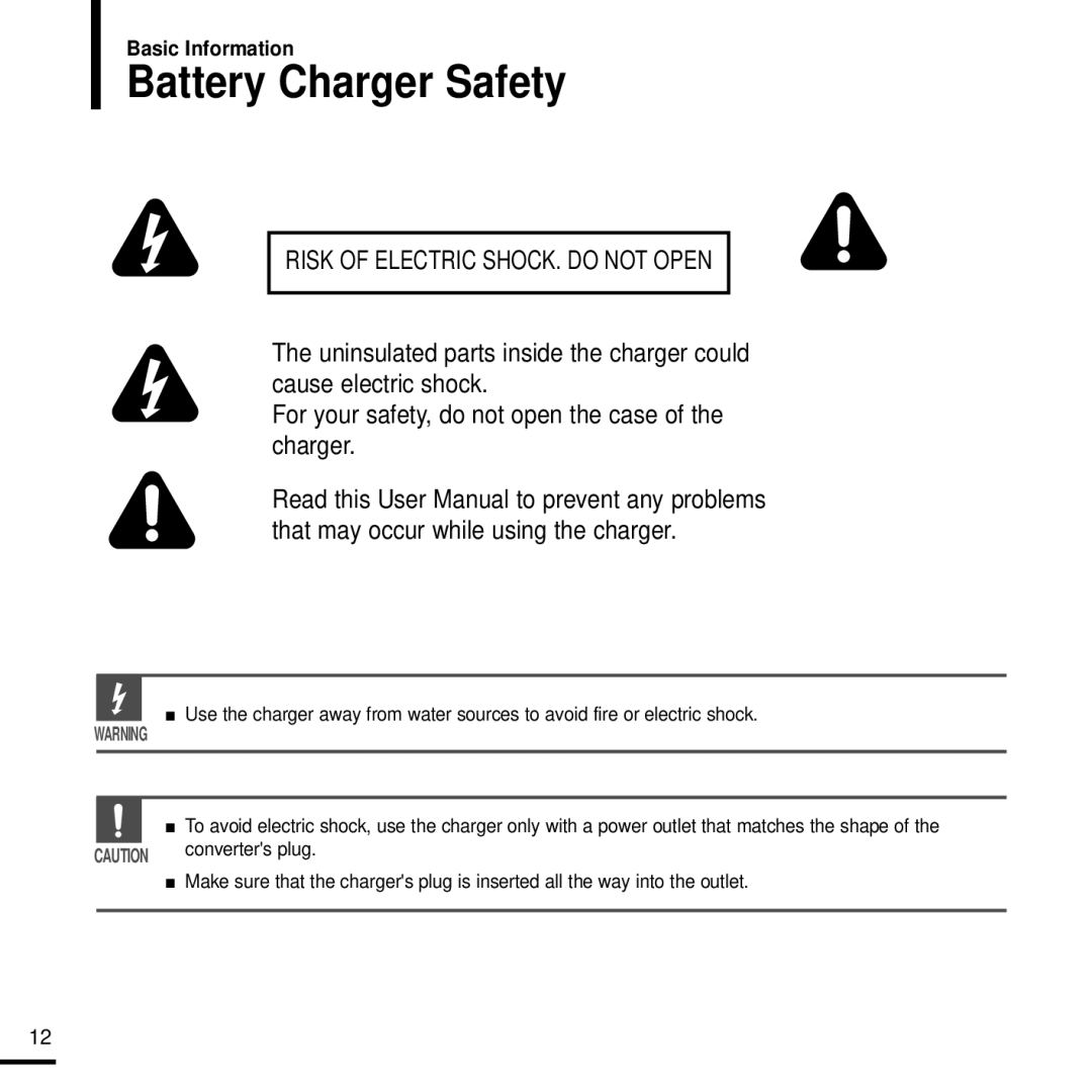 Samsung YP-K3QB/SUN, YP-K3JQB/XET, YP-K3JAG/XET, YP-K3JAB/XET Battery Charger Safety, Risk of Electric SHOCK. do not Open 