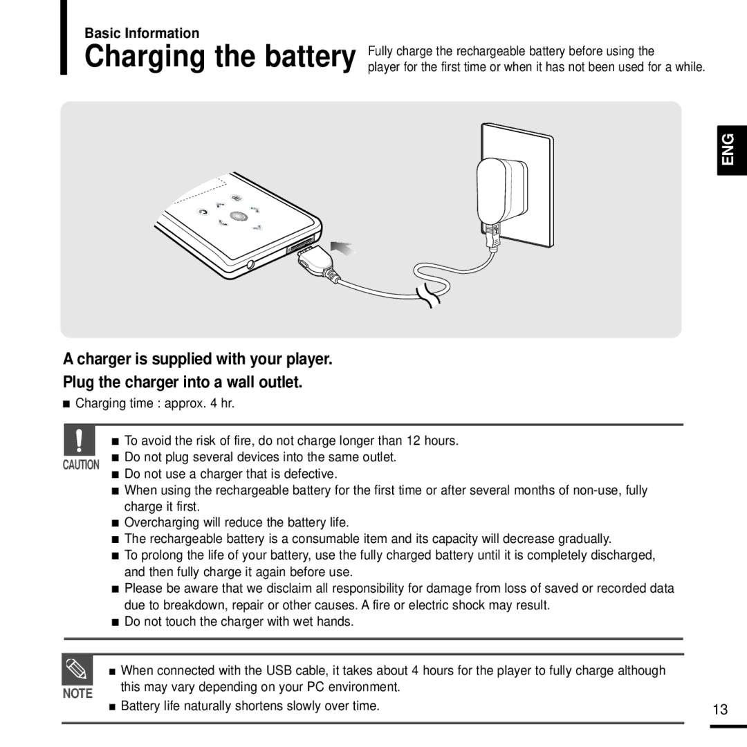 Samsung YP-K3JQB/XET, YP-K3JAG/XET, YP-K3JAB/XET, YP-K3JZB/XET, YP-K3JQG/XET, YP-K3JZB/XEO, YP-K3JAB/XEO Charging the battery 