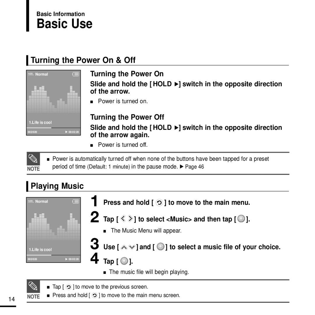 Samsung YP-K3JAG/XET, YP-K3JQB/XET, YP-K3JAB/XET, YP-K3JZB/XET manual Basic Use, Turning the Power On & Off, Playing Music 