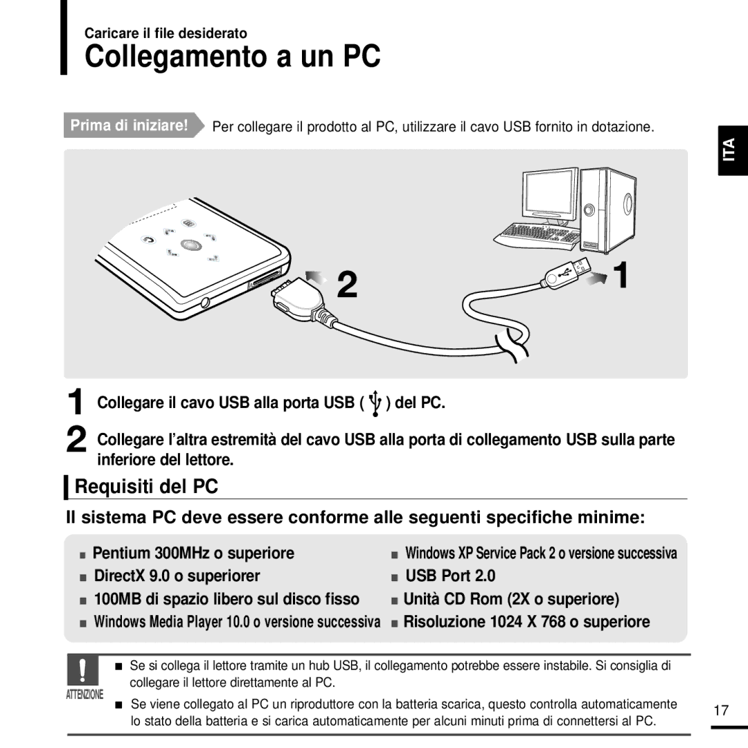 Samsung YP-K3JAB/XET, YP-K3JQB/XET, YP-K3JAG/XET, YP-K3JZB/XET Collegamento a un PC, Requisiti del PC, Inferiore del lettore 