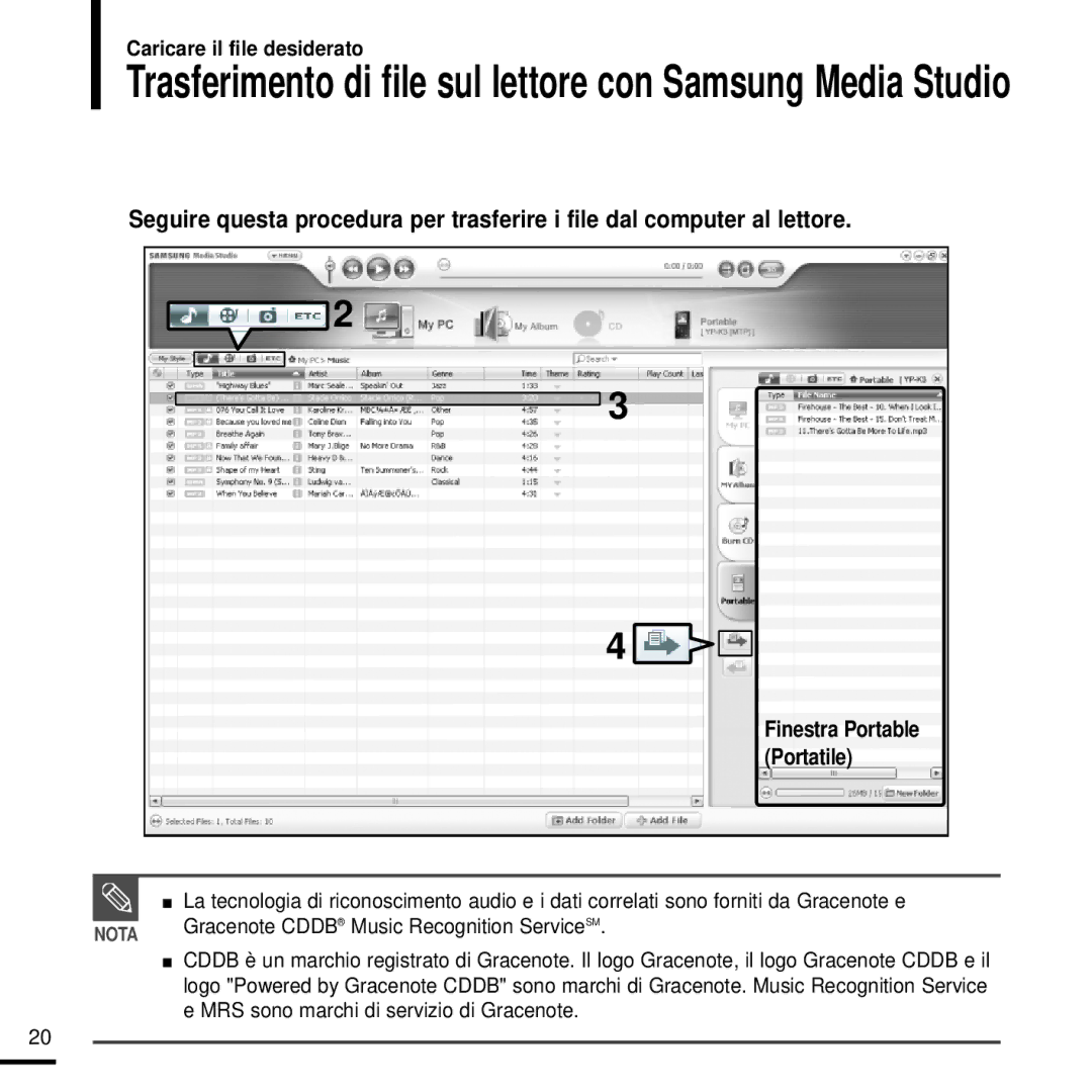 Samsung YP-K3JQB/XET, YP-K3JAG/XET, YP-K3JAB/XET, YP-K3JZB/XET Trasferimento di file sul lettore con Samsung Media Studio 