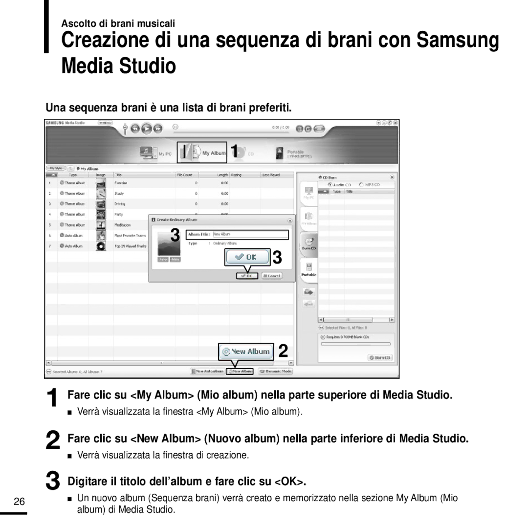 Samsung YP-K3JAG/XET, YP-K3JQB/XET, YP-K3JAB/XET, YP-K3JZB/XET Creazione di una sequenza di brani con Samsung Media Studio 