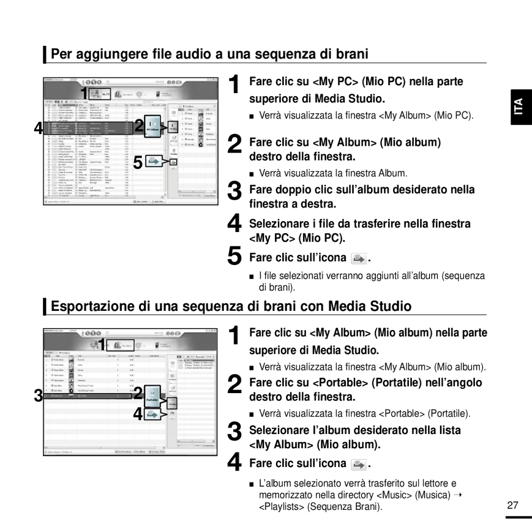 Samsung YP-K3JAB/XET, YP-K3JQB/XET, YP-K3JAG/XET manual Per aggiungere file audio a una sequenza di brani, My Album Mio album 