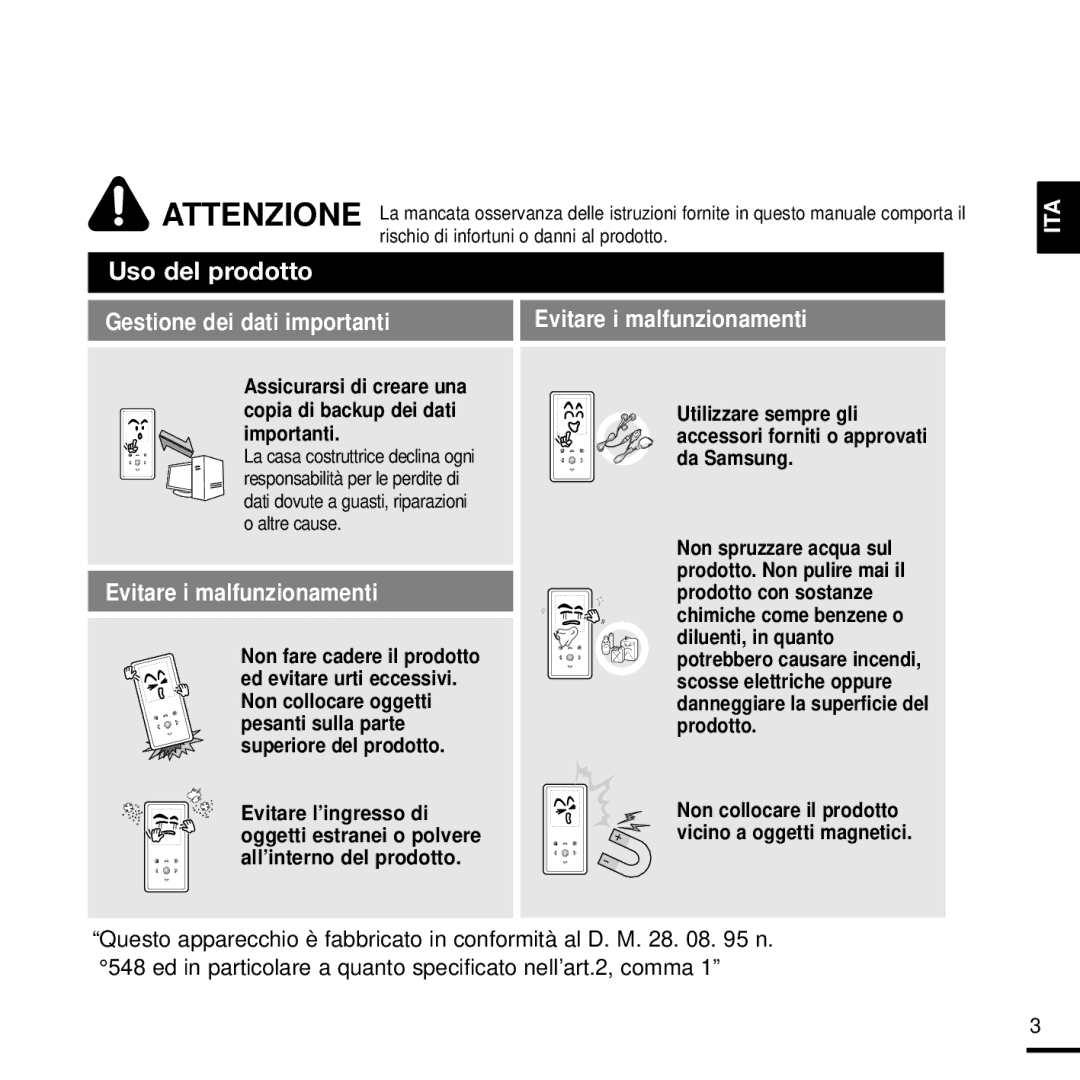 Samsung YP-K3JZB/XET, YP-K3JQB/XET, YP-K3JAG/XET, YP-K3JAB/XET manual Gestione dei dati importanti Evitare i malfunzionamenti 