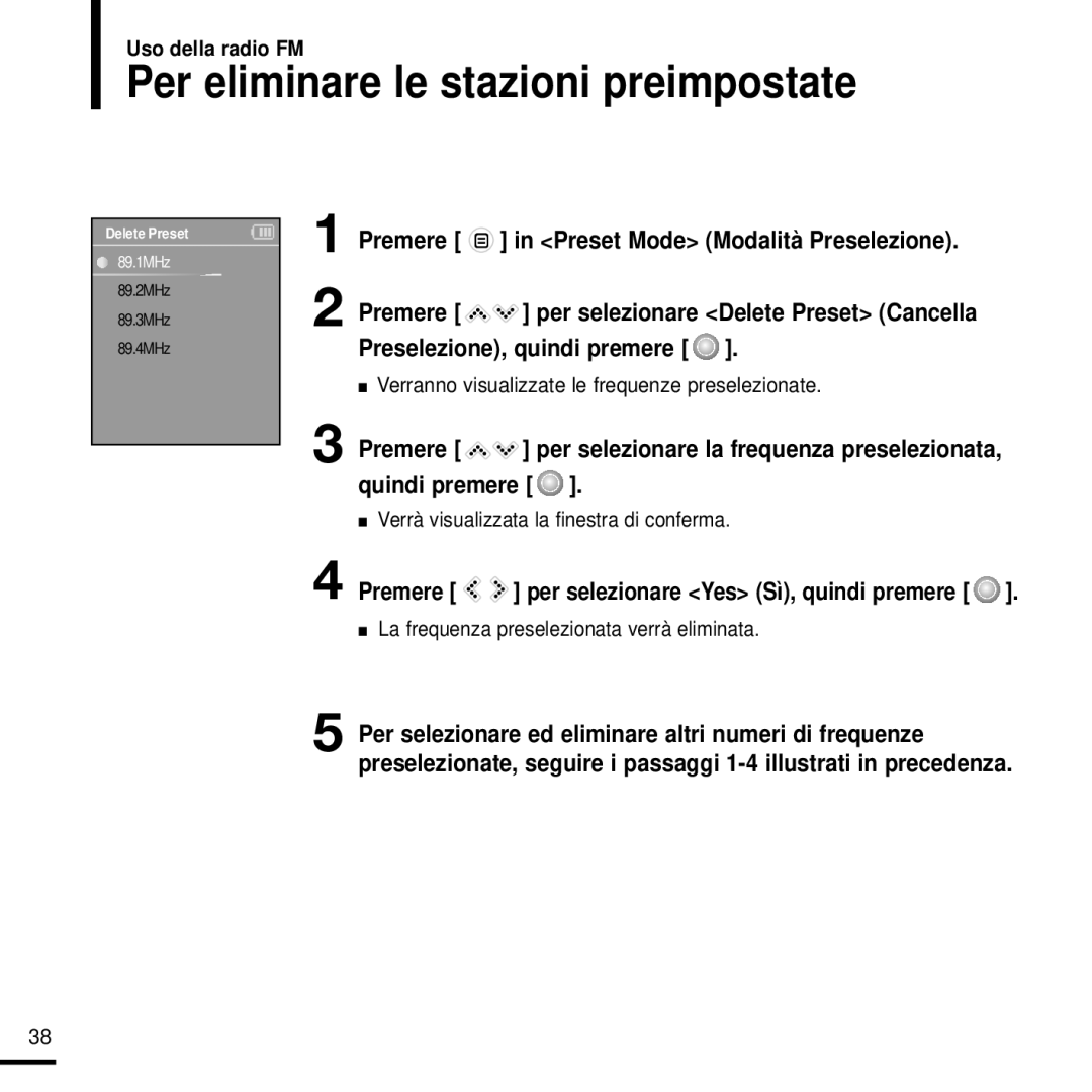 Samsung YP-K3JZB/XET, YP-K3JQB/XET, YP-K3JAG/XET manual Per eliminare le stazioni preimpostate, Preselezione, quindi premere 