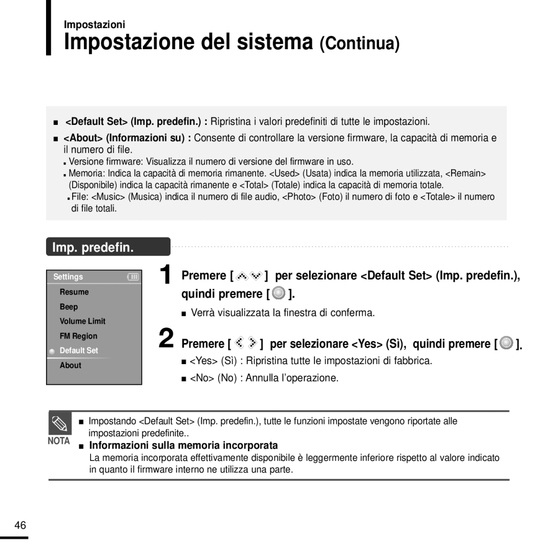 Samsung YP-K3JAG/XET, YP-K3JQB/XET manual Impostazione del sistema Continua, Nota Informazioni sulla memoria incorporata 