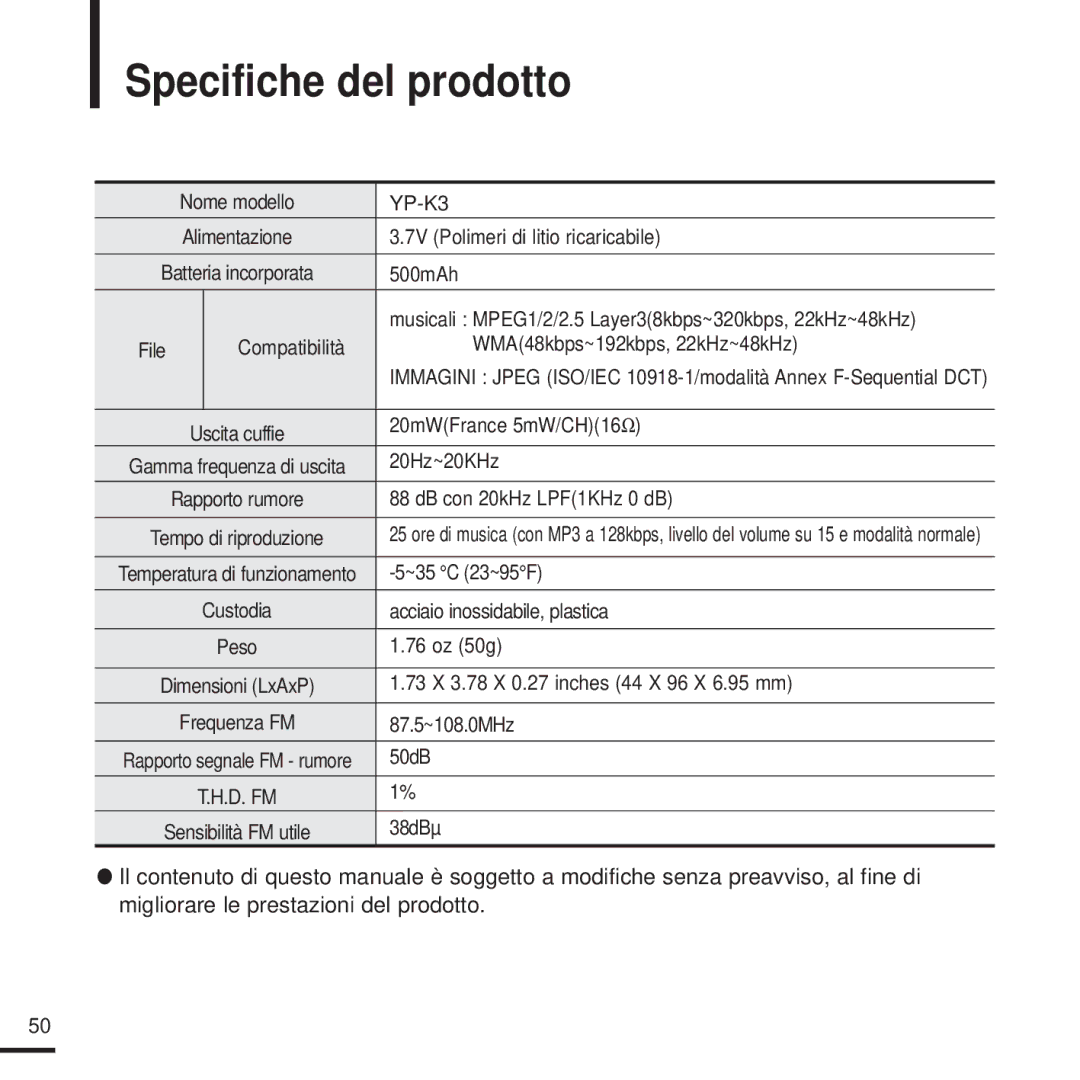 Samsung YP-K3JQB/XET, YP-K3JAG/XET, YP-K3JAB/XET, YP-K3JZB/XET, YP-K3JQG/XET manual Specifiche del prodotto 