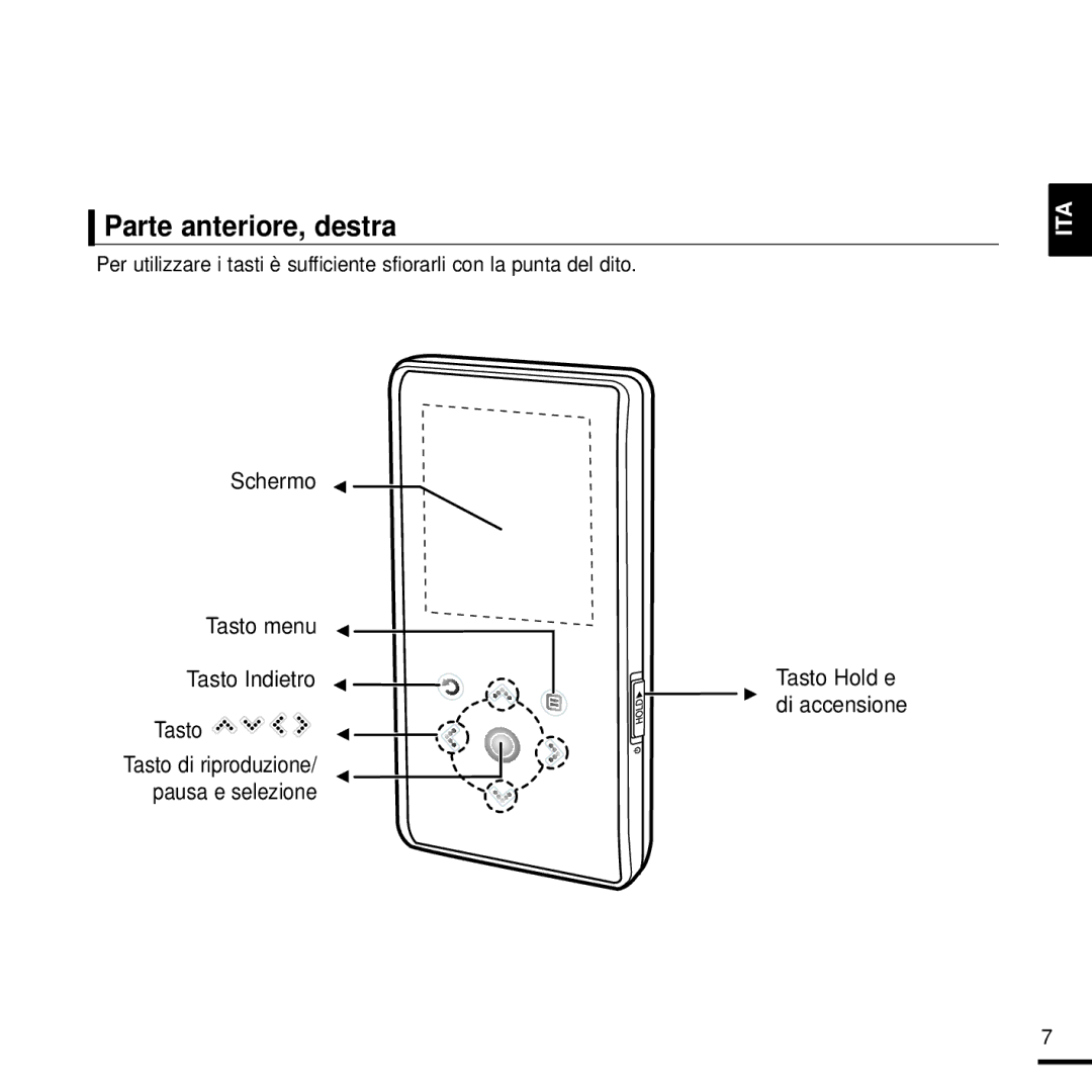 Samsung YP-K3JAB/XET, YP-K3JQB/XET, YP-K3JAG/XET, YP-K3JZB/XET, YP-K3JQG/XET manual Parte anteriore, destra, Pausa e selezione 