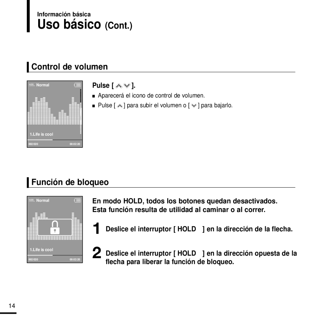 Samsung YP-K3JQG/XET, YP-K3JQB/XET, YP-K3JAG/XET, YP-K3JAB/XET, YP-K3JZB/XET manual Control de volumen, Función de bloqueo 