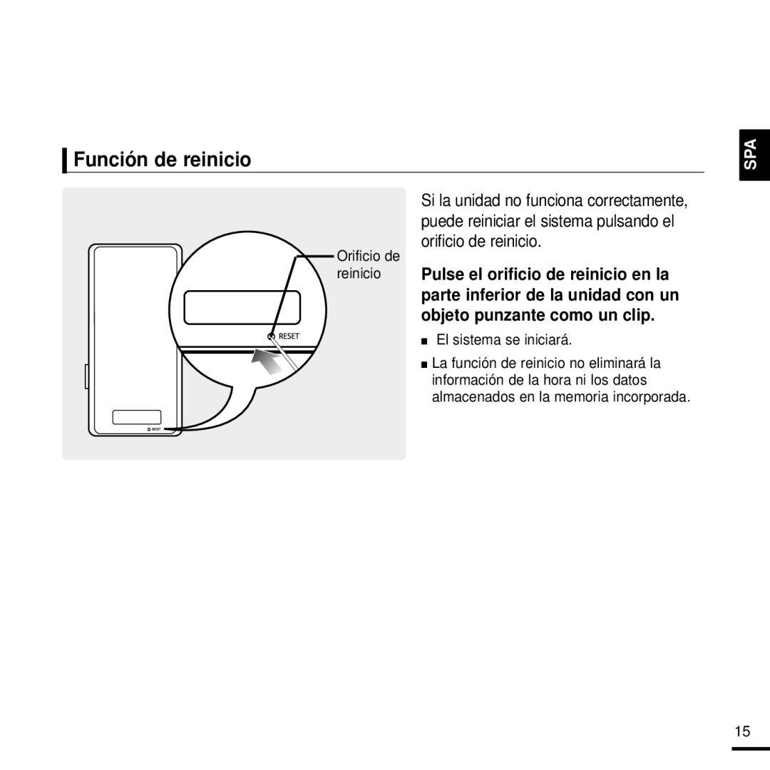 Samsung YP-K3JZB/XEO, YP-K3JQB/XET, YP-K3JAG/XET, YP-K3JAB/XET manual Función de reinicio, Orificio de, El sistema se iniciará 