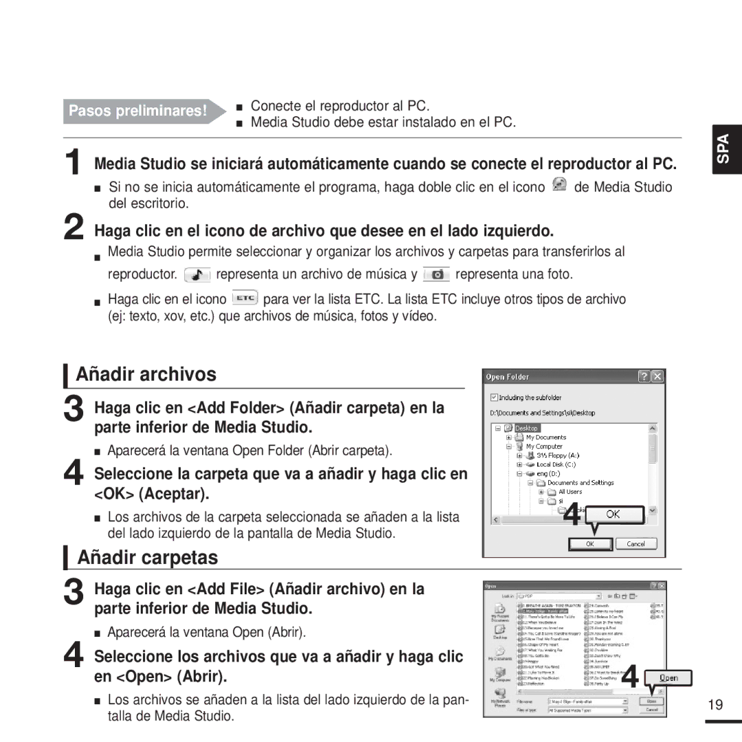 Samsung YP-K3JAR/XET, YP-K3JQB/XET manual Añadir archivos, Añadir carpetas, Media Studio debe estar instalado en el PC 