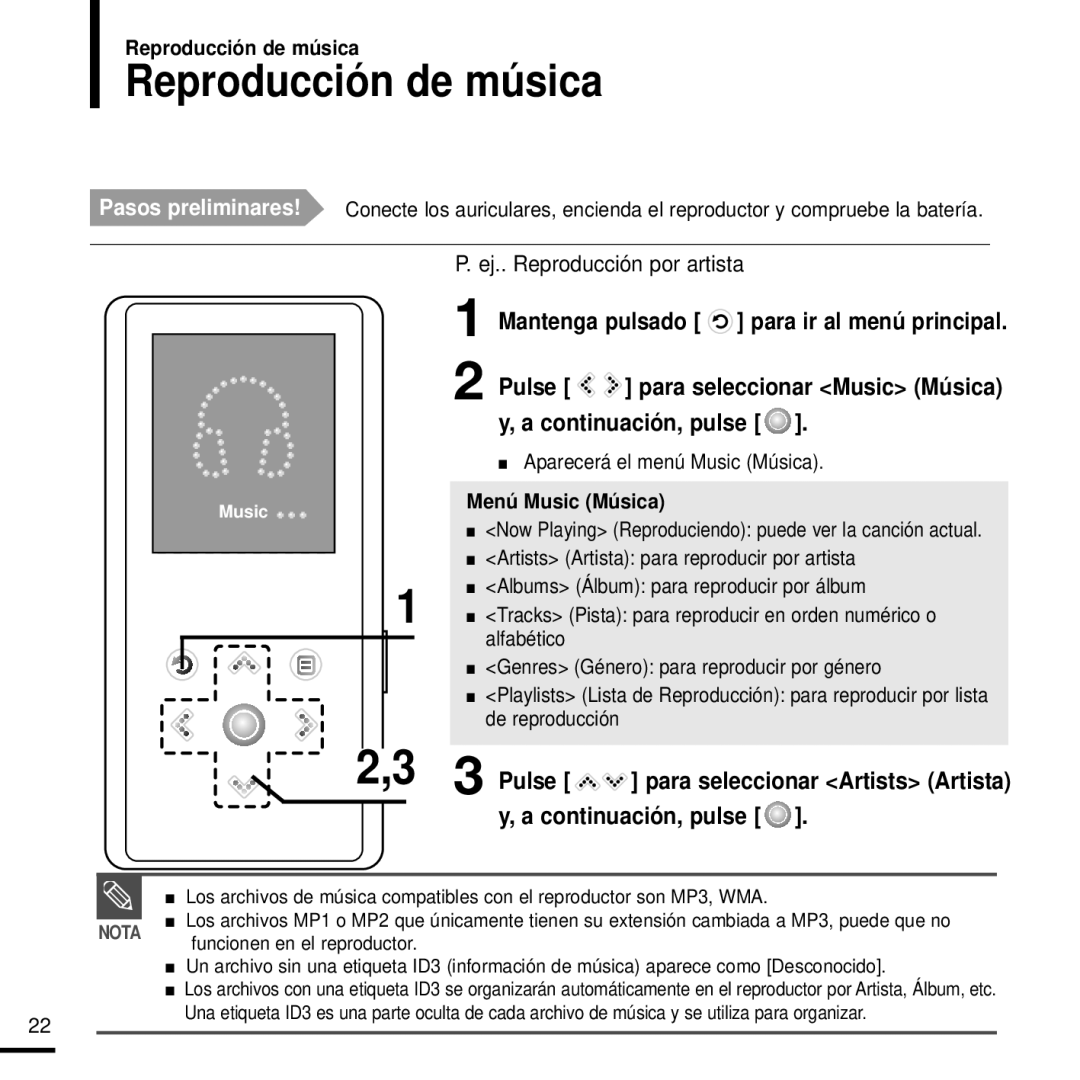 Samsung YP-K3JAB/XET, YP-K3JQB/XET, YP-K3JAG/XET, YP-K3JZB/XET, YP-K3JQG/XET manual Reproducción de música, Continuación, pulse 