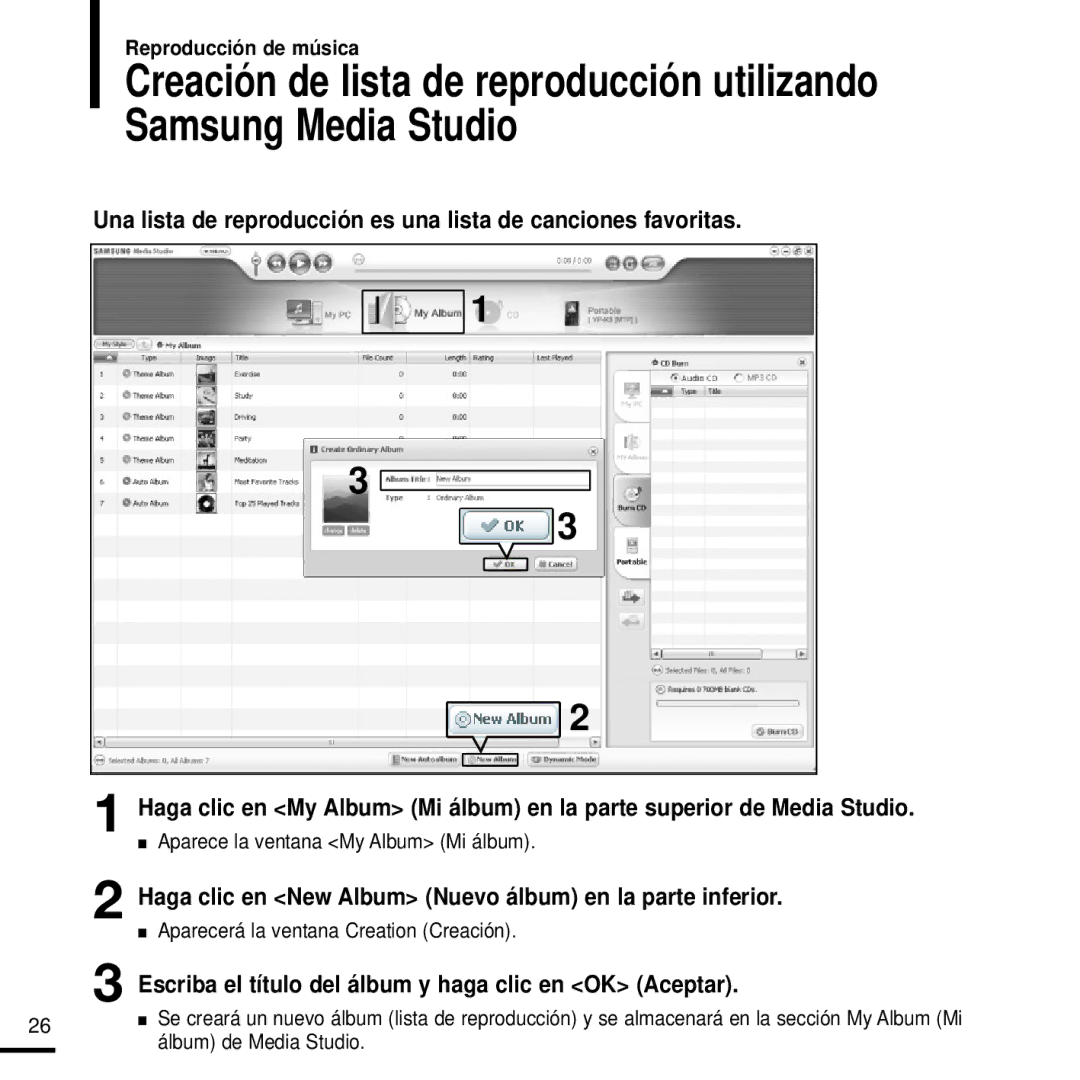 Samsung YP-K3JAB/XEO manual Haga clic en New Album Nuevo álbum en la parte inferior, Aparece la ventana My Album Mi álbum 