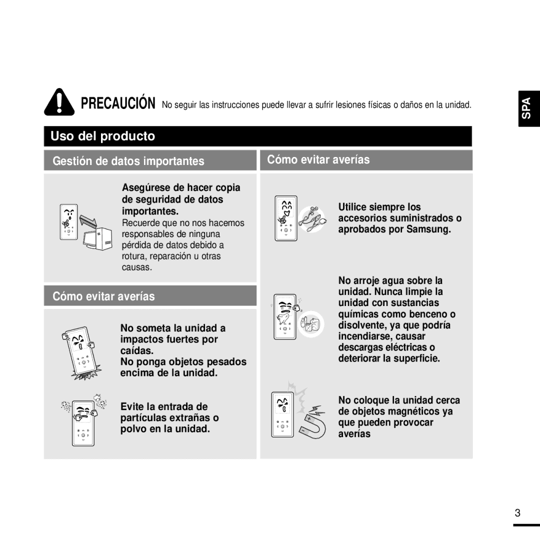 Samsung YP-K3JZB/XET, YP-K3JQB/XET, YP-K3JAG/XET, YP-K3JAB/XET, YP-K3JQG/XET Gestión de datos importantes Cómo evitar averías 