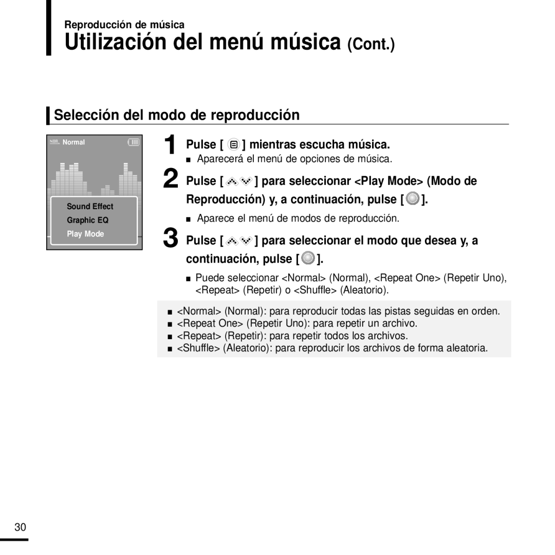 Samsung YP-K3JQB/XET, YP-K3JAG/XET manual Selección del modo de reproducción, Aparece el menú de modos de reproducción 