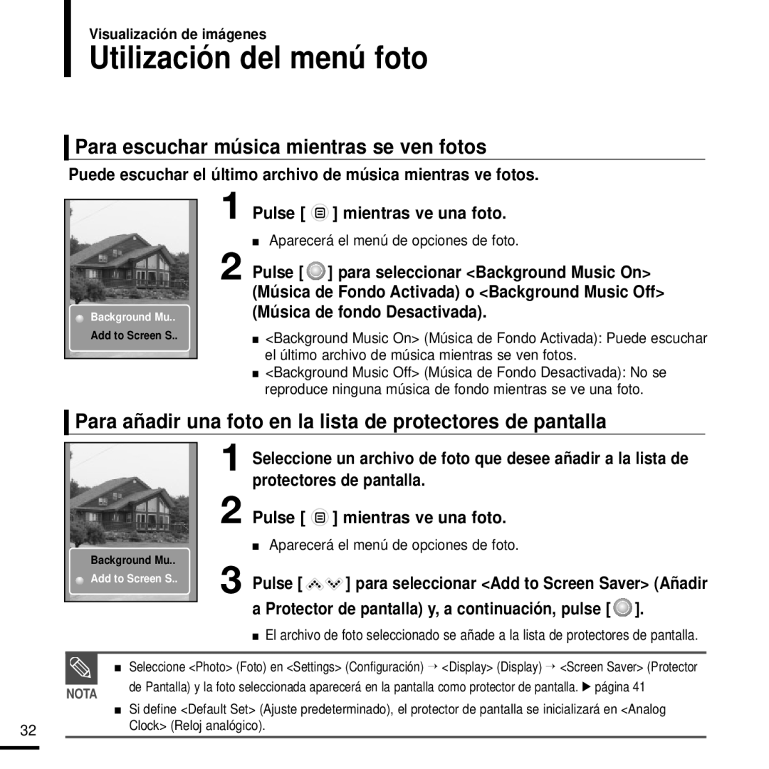 Samsung YP-K3JAB/XET Utilización del menú foto, Para escuchar música mientras se ven fotos, Pulse mientras ve una foto 