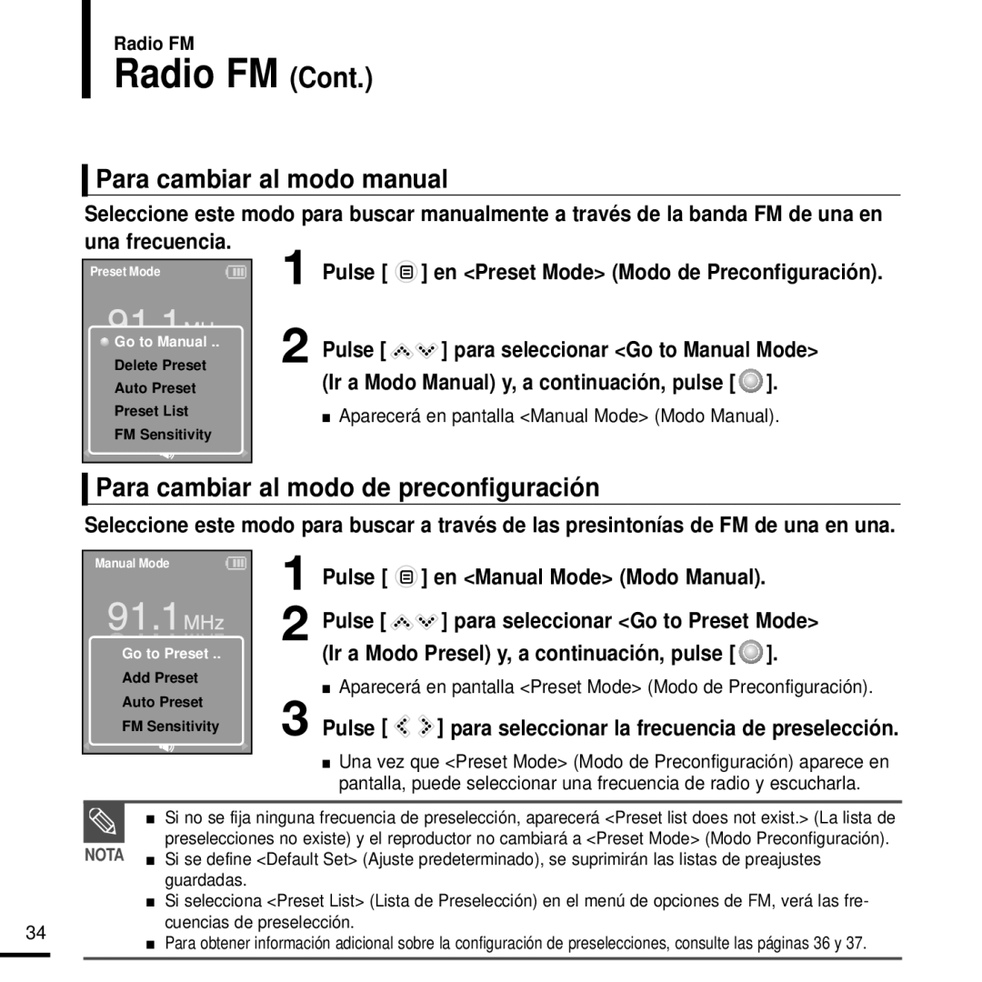 Samsung YP-K3JQG/XET, YP-K3JQB/XET, YP-K3JAG/XET Para cambiar al modo manual, Para cambiar al modo de preconfiguración 