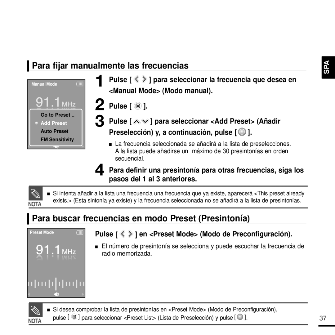 Samsung YP-K3JQB/XEO Para fijar manualmente las frecuencias, Para buscar frecuencias en modo Preset Presintonía 