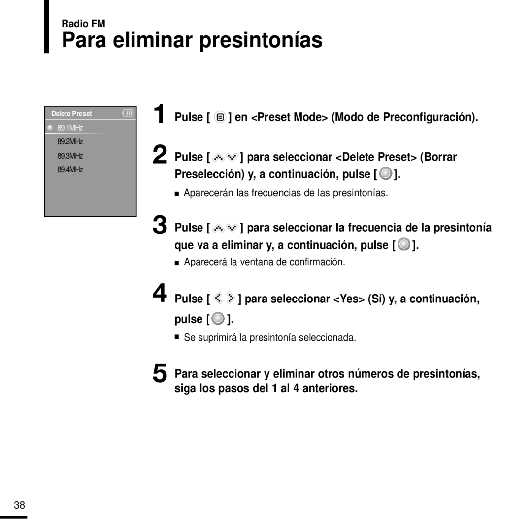 Samsung YP-K3JQR/XET, YP-K3JQB/XET, YP-K3JAG/XET manual Para eliminar presintonías, Preselección y, a continuación, pulse 