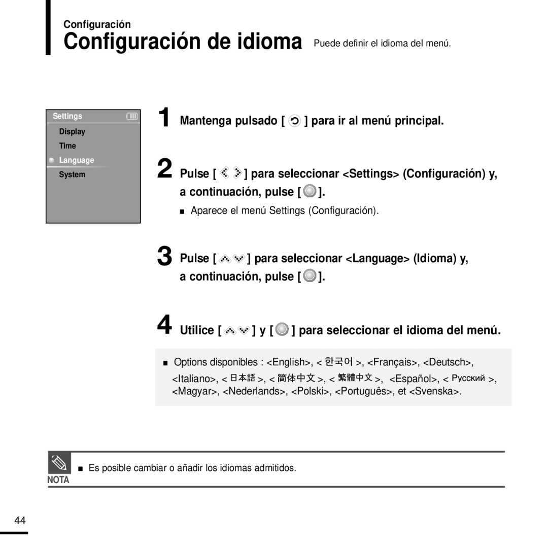 Samsung YP-K3JQG/XET, YP-K3JQB/XET, YP-K3JAG/XET, YP-K3JAB/XET manual Configuración de idioma Puede definir el idioma del menú 