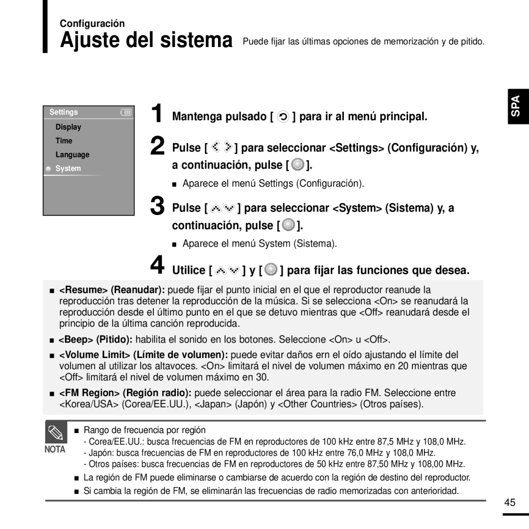 Samsung YP-K3JZB/XEO, YP-K3JQB/XET, YP-K3JAG/XET, YP-K3JAB/XET, YP-K3JZB/XET Mantenga pulsado, Aparece el menú System Sistema 