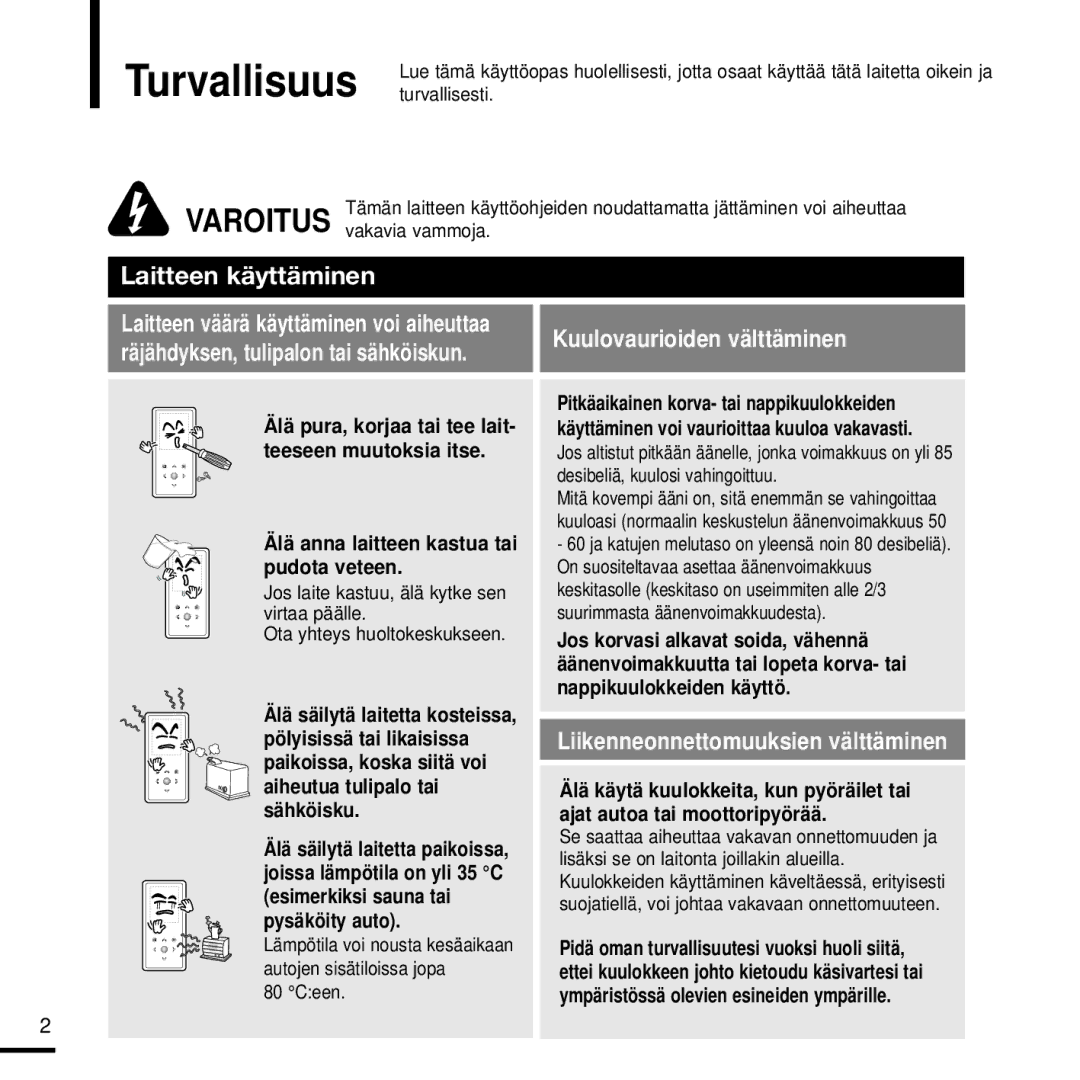 Samsung YP-K3JQB/XEE, YP-K3JQG/XEE, YP-K3JQR/XEE, YP-K3JAB/XEE manual Turvallisuus, Älä anna laitteen kastua tai pudota veteen 