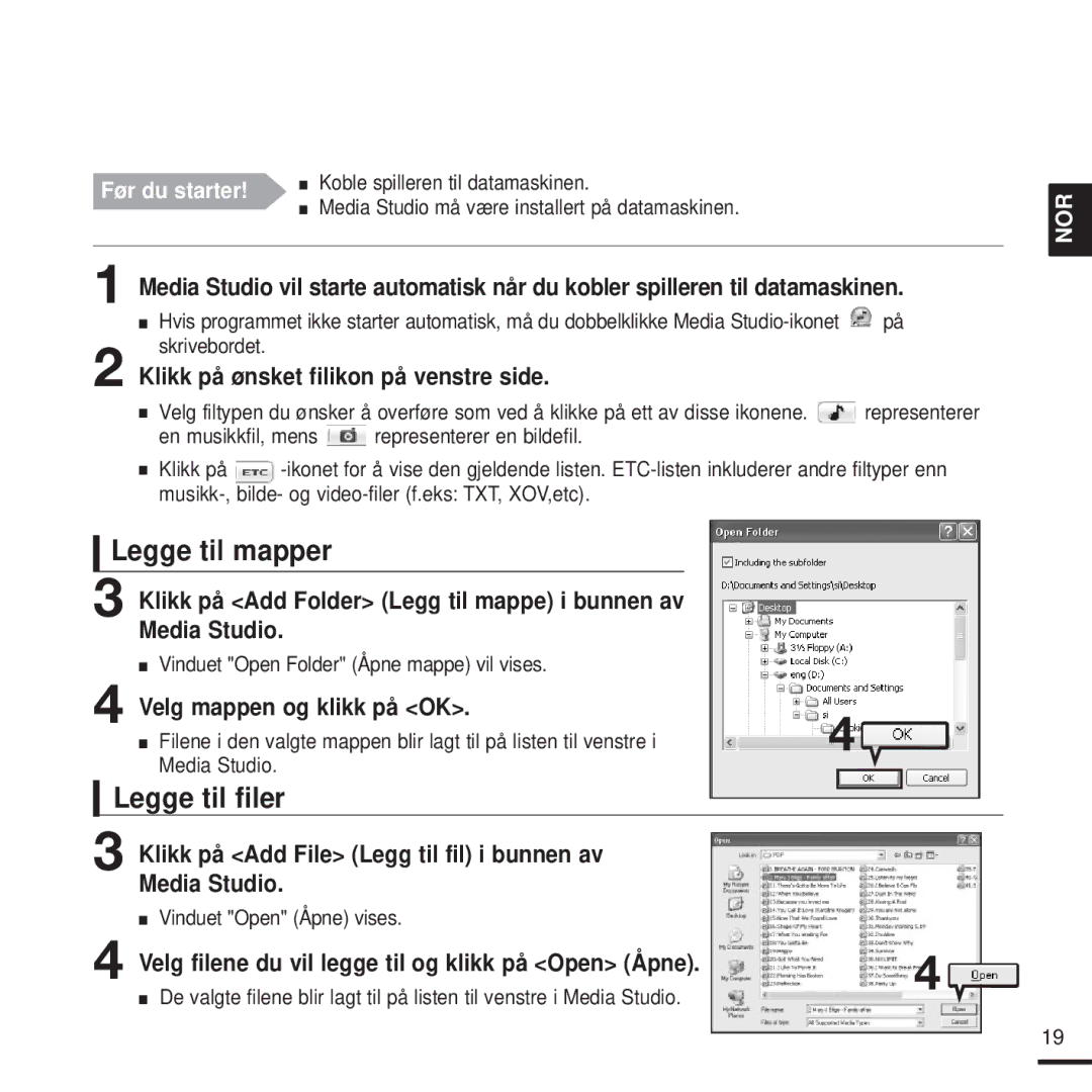 Samsung YP-K3JZB/XEE, YP-K3JQG/XEE, YP-K3JQR/XEE, YP-K3JQB/XEE, YP-K3JAB/XEE manual Legge til mapper, Legge til filer 