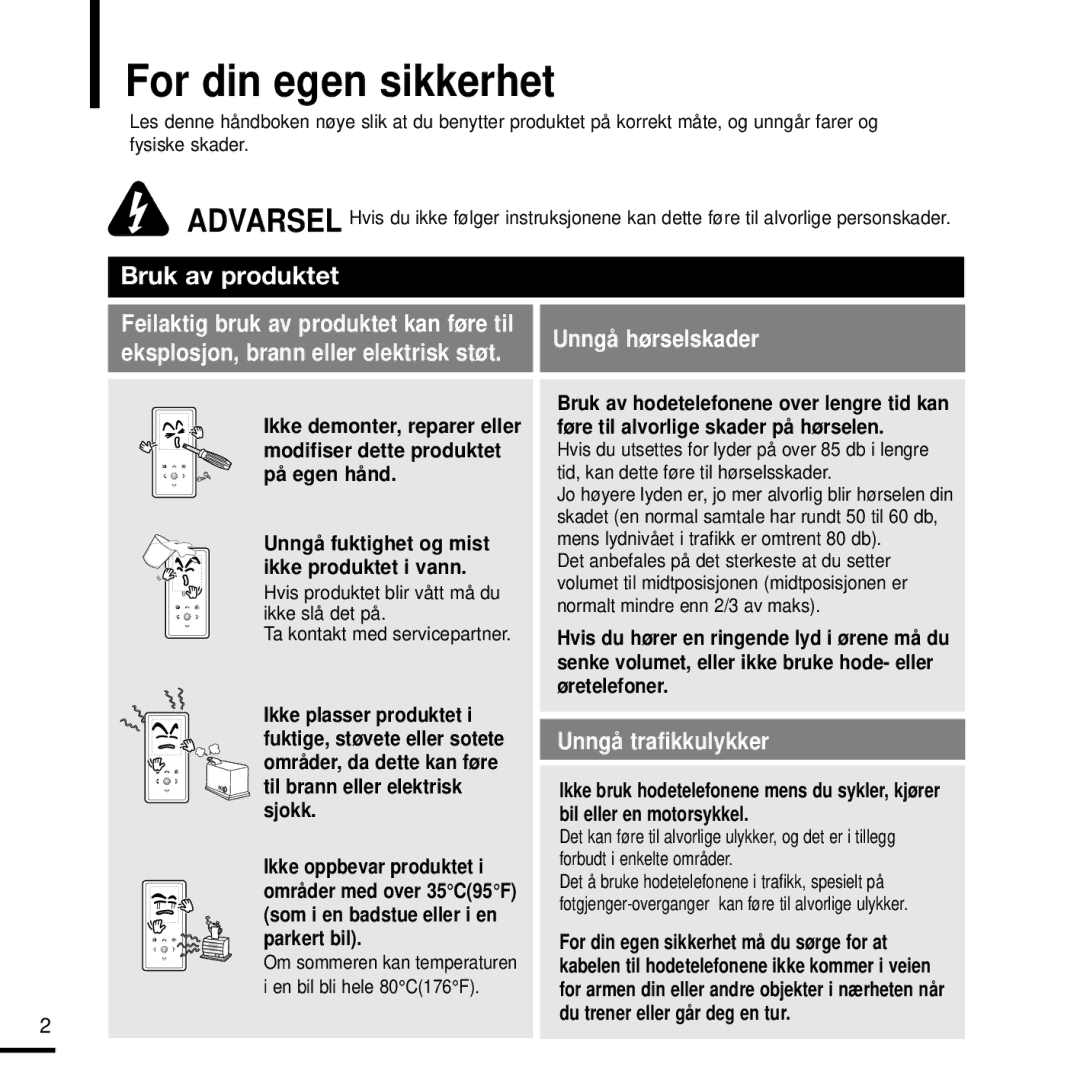 Samsung YP-K3JQB/XEE, YP-K3JQG/XEE, YP-K3JQR/XEE, YP-K3JAB/XEE, YP-K3JZB/XEE manual For din egen sikkerhet, Bruk av produktet 