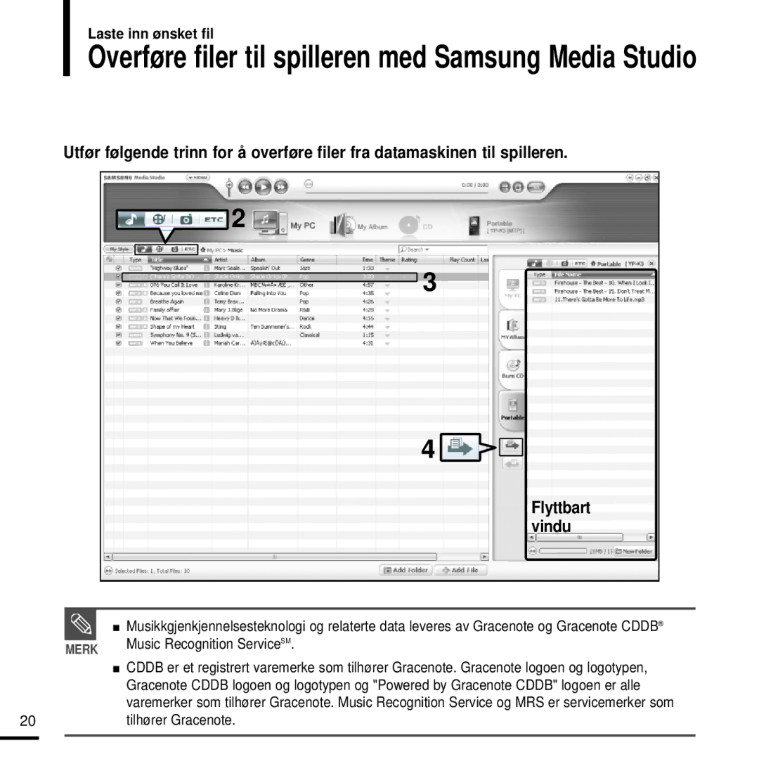 Samsung YP-K3JQG/XEE, YP-K3JQR/XEE, YP-K3JQB/XEE Overføre filer til spilleren med Samsung Media Studio, Tilhører Gracenote 