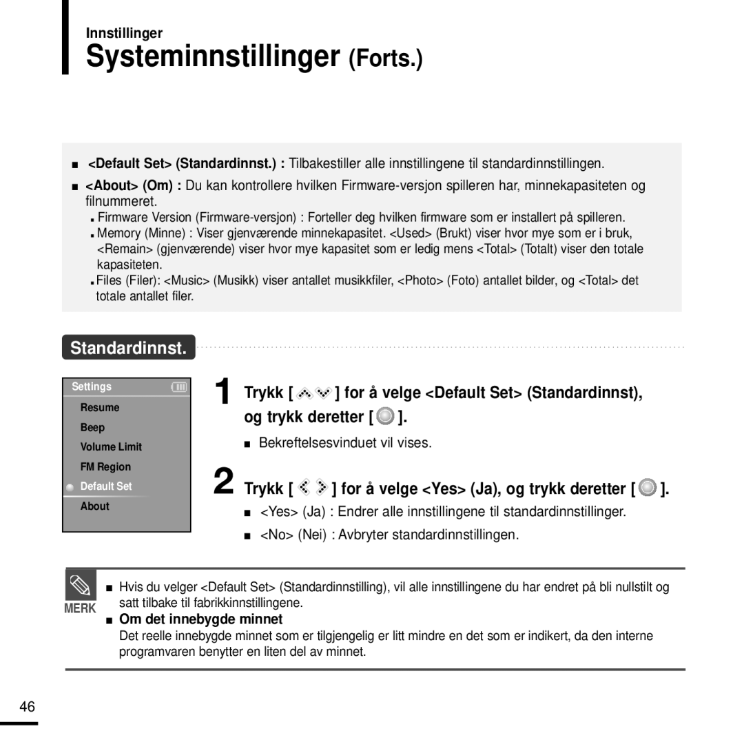 Samsung YP-K3JQR/XEE, YP-K3JQG/XEE, YP-K3JQB/XEE, YP-K3JAB/XEE manual Systeminnstillinger Forts, Om det innebygde minnet 