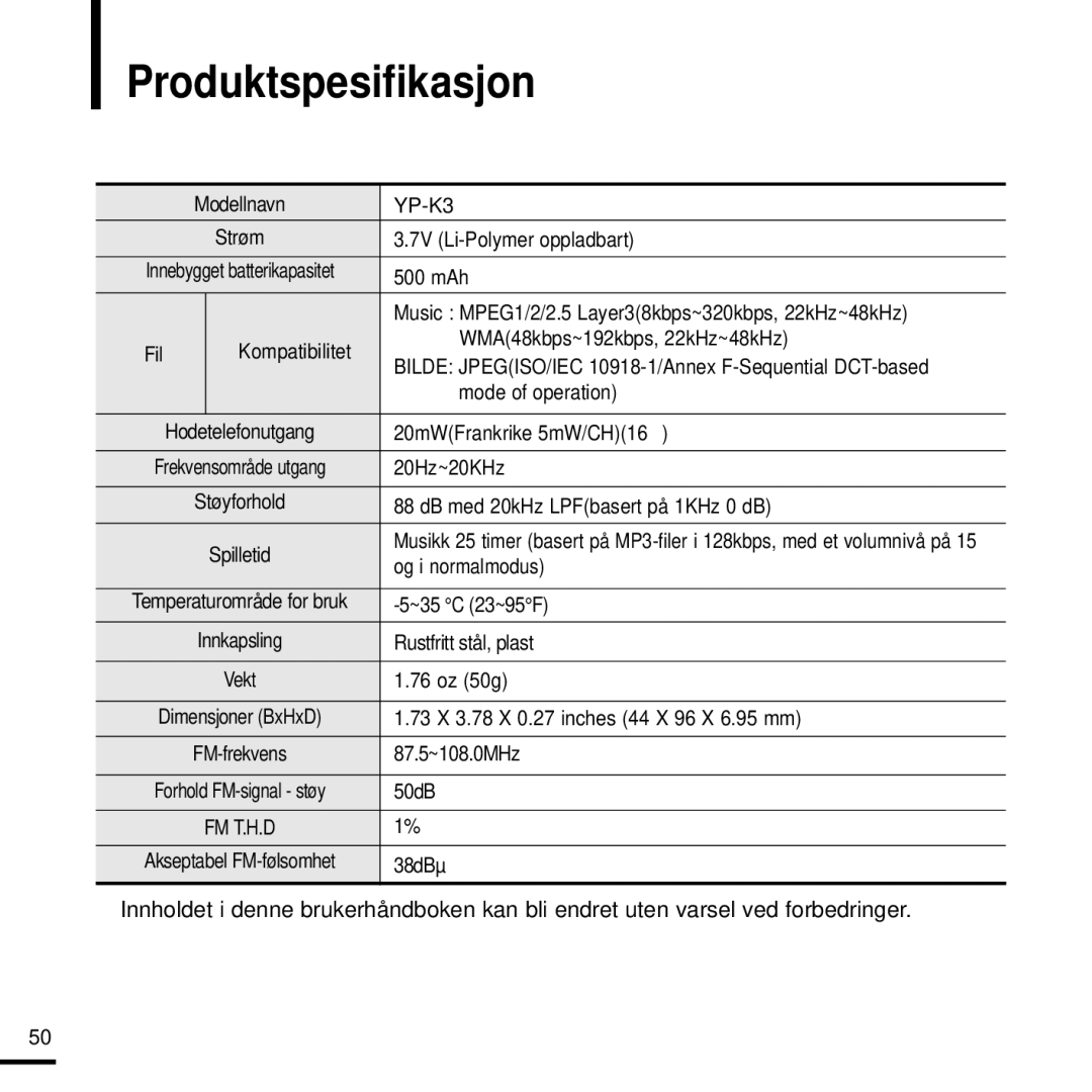 Samsung YP-K3JQG/XEE, YP-K3JQR/XEE, YP-K3JQB/XEE, YP-K3JAB/XEE, YP-K3JZB/XEE manual Produktspesifikasjon 