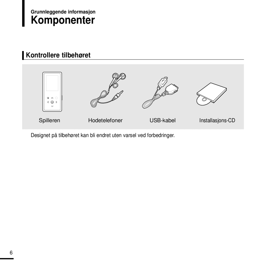 Samsung YP-K3JQR/XEE, YP-K3JQG/XEE, YP-K3JQB/XEE manual Komponenter, Kontrollere tilbehøret, Grunnleggende informasjon 