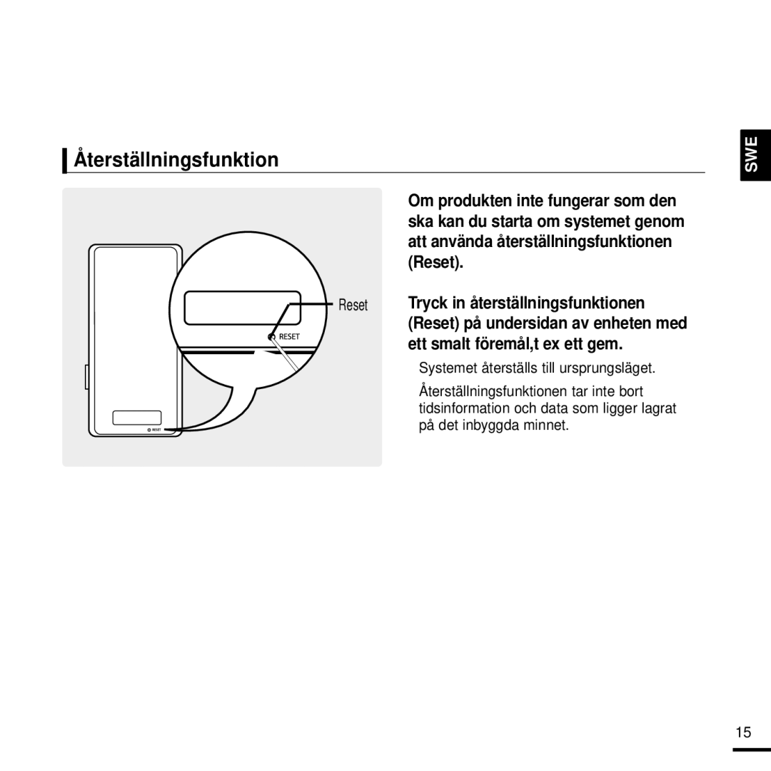 Samsung YP-K3JQG/XEE, YP-K3JQR/XEE, YP-K3JQB/XEE, YP-K3JAB/XEE, YP-K3JZB/XEE manual Återställningsfunktion 