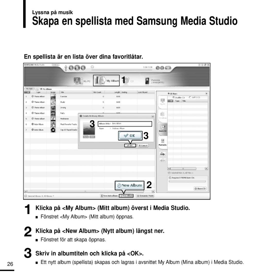 Samsung YP-K3JQR/XEE, YP-K3JQG/XEE manual Klicka på New Album Nytt album längst ner, Skriv in albumtiteln och klicka på OK 