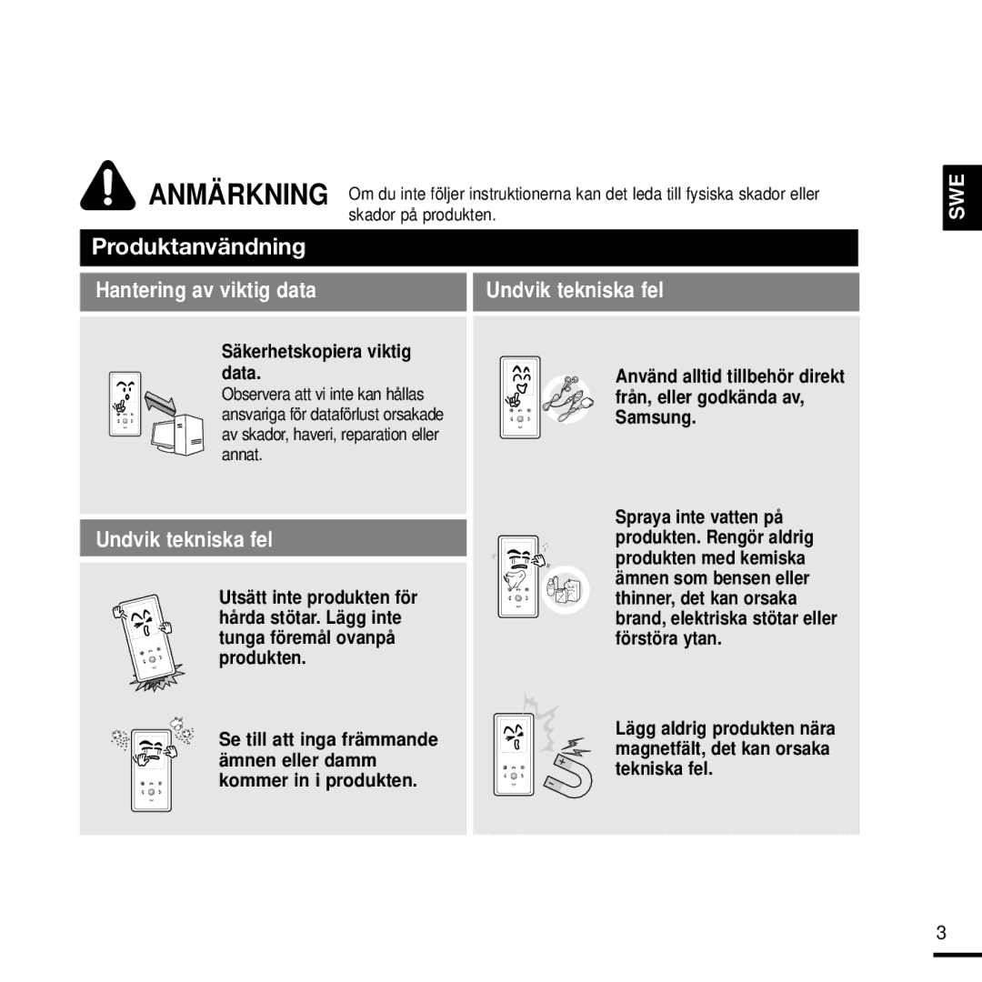 Samsung YP-K3JAB/XEE, YP-K3JQG/XEE, YP-K3JQR/XEE, YP-K3JQB/XEE, YP-K3JZB/XEE manual Anmärkning, Säkerhetskopiera viktig data 